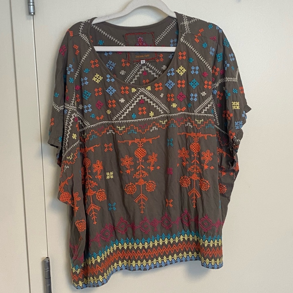 Johnny Was boxy top, size S, taupe w/multicolor embroidery